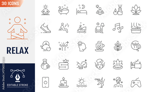 Relax icon set. Editable stroke. Includes hobby, meditation, spa, and more. Vector illustration