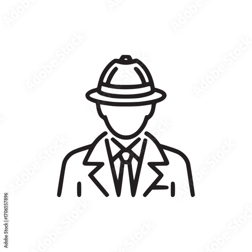 Vector art of detective icon symbol of a mysterious investigator, wearing a hat and coat simple and clean line art illustration for crime, mystery, and investigation themes