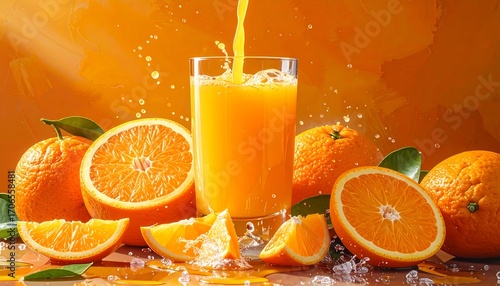 Freshly squeezed orange juice pouring into a glass, surrounded by orange slices and whole oranges