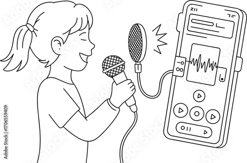 Young girl singing into microphone, recording her voice on smartphone, enjoying music, audio recording, modern technology, digital entertainment, creative expression.