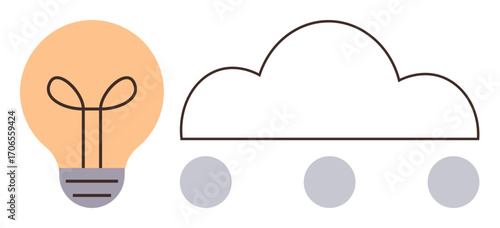 Lightbulb and connected cloud with three dots representing creativity, innovation, ideas, technology, brainstorming, networking, and data sharing. Ideal for teamwork, digital cloud concepts