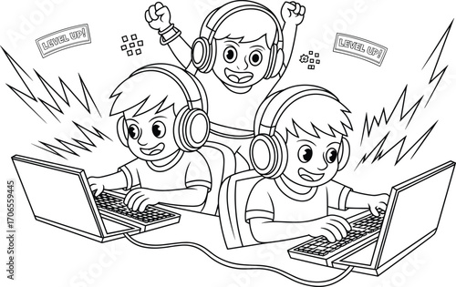 Three kids playing video games on laptops, wearing headphones, celebrating "Level Up!" achievement, competitive gaming, teamwork, fun, and excitement in gaming culture.