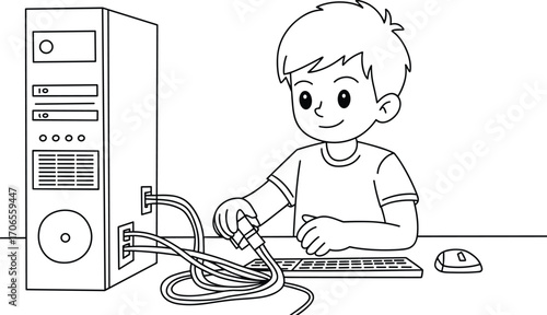 Young boy connecting cables to computer, learning about technology, computer assembly, building, exploring electronics, and enjoying hands-on STEM experience, digital literacy.
