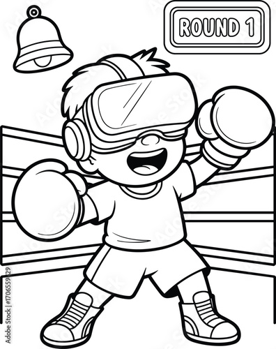 Young boy wearing virtual reality headset and boxing gloves in a boxing ring, experiencing immersive VR gaming, excited, playful, futuristic technology, and sports simulation.