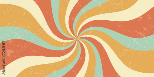 Groovy retro sun burst swirl background adds a wavy orange and yellow burst with a grunge texture. Sunshine and sun inspired shapes blend with y2k details as grungy, vintage abstract in horizontal