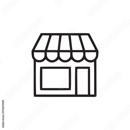 Illustration of a store front with an awning, this simple line drawing represents a small business, retail shop, or local market, perfect for icons and minimalist designs