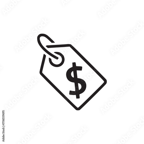 Illustration of a price tag with a dollar sign, this simple line drawing represents cost, value, or sale, perfect for icons and minimalist designs related to commerce