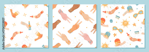 Flat seamless pattern with sunscreen bottle and sunblock in woman hand. Spf cream and cosmetic set hold two bottles, summer sun care skin protection, cartoon graphic style repeat background.
