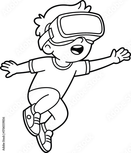 Happy cartoon boy playing with virtual reality headset, jumping with excitement, VR gaming experience, digital technology fun, outlined black and white drawing