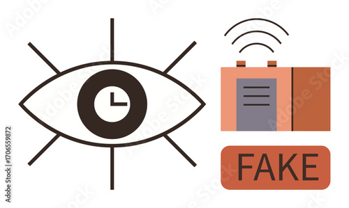 Eye as a symbol with clock inside, wireless transmission box, and Fake label. Ideal for themes thumbs up media literacy, time, surveillance, disinformation, communication, critical thinking