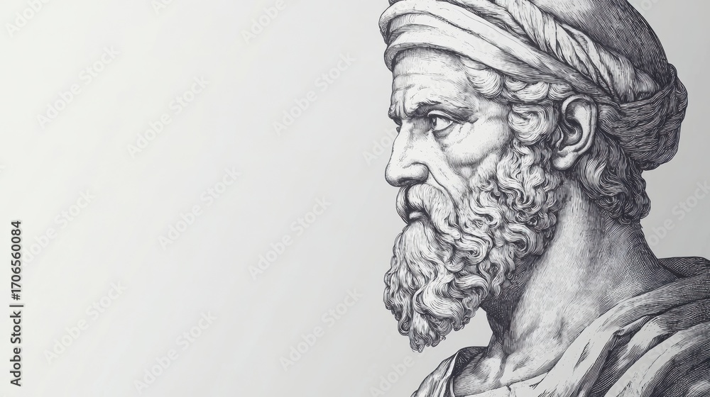 Fototapeta premium Detailed Illustration of a Classical Philosopher in Profile View Capturing Wisdom and Thoughtfulness in Artistic Form