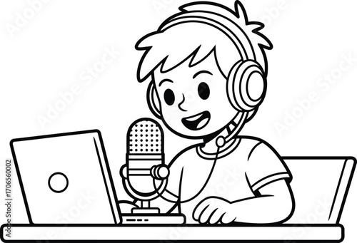 Boy podcasting at desk with laptop and microphone, cartoon style line art, kids broadcasting concept, black and white educational illustration