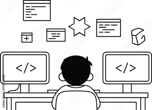 Cartoon child learning coding at dual screen setup, back view of kid programmer with code windows, software interface, educational technology illustration.