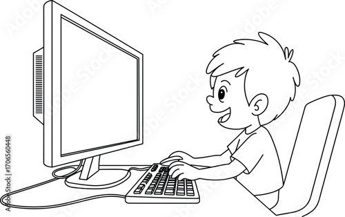 Happy child using computer, smiling while typing on keyboard, educational technology, cartoon illustration of kids interacting with digital devices for learning.