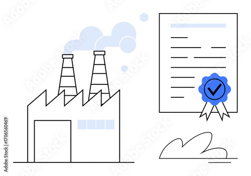 Factory emitting smoke with aligned certification document featuring a checkmarked approval seal. Ideal for manufacturing, quality assurance, compliance, accreditation, sustainability, regulations