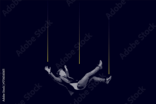 Illustration created with dots of a man in a suit and formal clothing falling into the void on a dark blue background