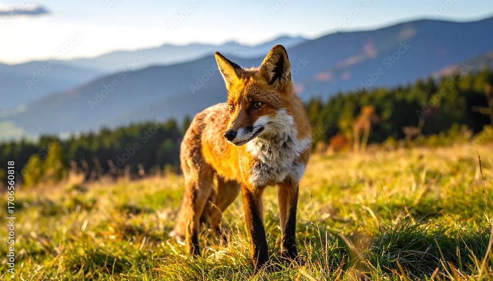 Fototapeta premium Fox standing in golden meadow against mountains