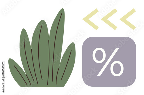 Green leaves paired with a percent sign in a minimal design, suggesting growth, eco-conscious savings, discounts, or sustainability. Ideal for finance, environment, commerce, promotions education