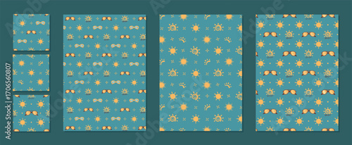 Cartoon seamless pattern with sunscreen sun and SPF shapes in flat style. Sunglasses and logo elements create a summer sunblock UV protection pattern, ideal for background or product packaging with