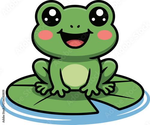 Vector art of a charming frog cartoon character sitting on a lily pad the frog has a cheerful expression with big eyes, rosy cheeks, and a sweet smile, making it an adorable amphibian