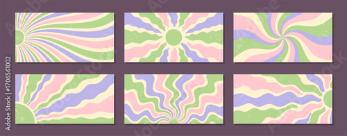 Groovy retro abstract set with pastel sun burst and wavy backgrounds in a flat, grunge style. Sunshine and sun elements add a grungy y2k feel. Horizontal orientation, perfect for vintage projects.