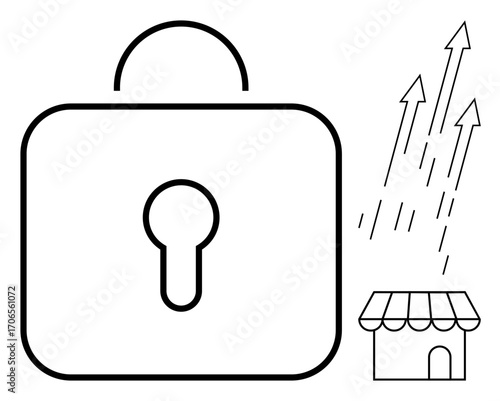 Large lock symbolizing security alongside a small shop icon and upward arrows representing growth, progress, and success. Ideal for business, security, protection, growth, entrepreneurship, progress