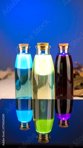 Three glass bottles with colored liquids on a reflective surface