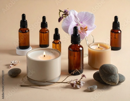 Essential oils, candles, and natural stones arranged on neutral background