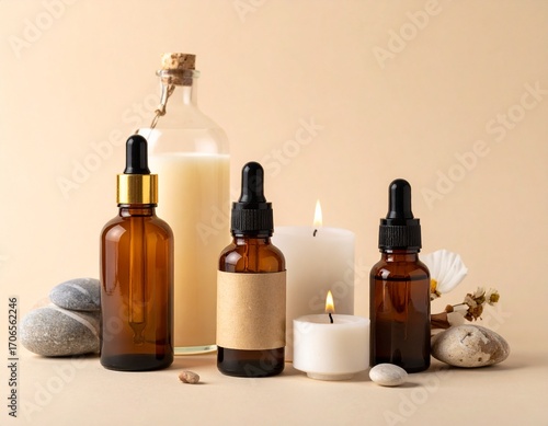 Essential oils, candles, and natural stones arranged on neutral background