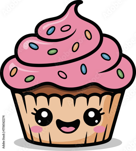 Vector art of a delightful cartoon cupcake with a pink frosting swirl and colorful sprinkles, the cupcake has a cute, smiling face with big, expressive eyes, making it look incredibly appetizing