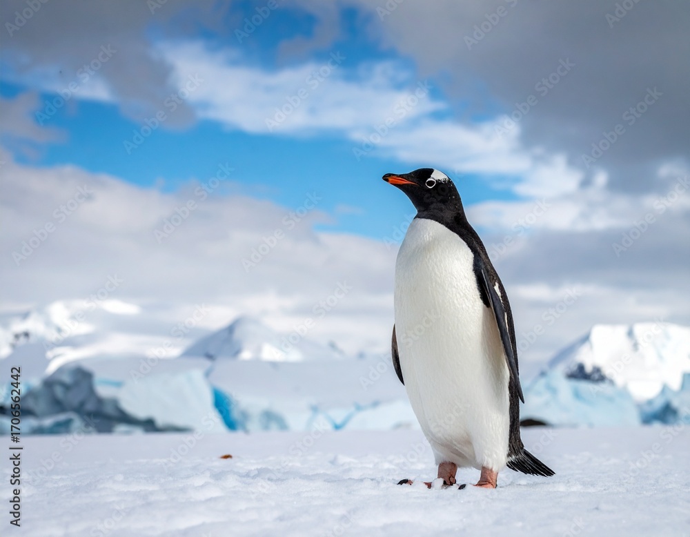 Obraz premium Single penguin standing on icy white landscape under cloudy sky