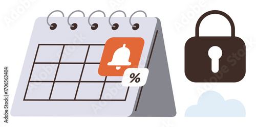 Calendar with notification bell and discount sign, lock icon symbolizing security, and a cloud. Ideal for planning, deadlines, notifications, privacy, encryption, reminders and secure schedules