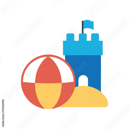 Classic Beach Ball and Sandcastle Flat Vector Art