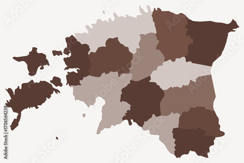 Map of Estonia with regions. Just a simple country border map with region division. Brown color palette. Blank Republic of Estonia shape with administrative division. Vector illustration.