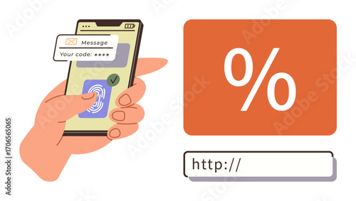 Hand holding smartphone entering OTP and fingerprint for secure login. Percentage block and URL highlighting web security. Ideal for authentication, fintech, cybersecurity, e-commerce, mobile