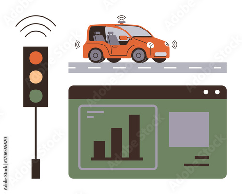 Autonomous car on road, traffic light with wireless connectivity, and data analytics dashboard. Ideal for technology, innovation, transportation, automation, future mobility, IoT smart cities