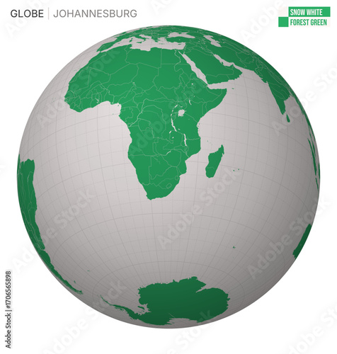 Vector Globe centered to Johannesburg. Snow White Forest Green palette. World map with meridians, parallels, countries, rivers and lakes. Awesome vector illustration.