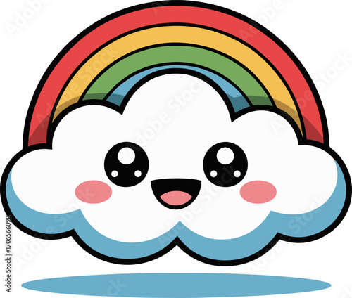 Illustration of a cute cloud with a rainbow, featuring a happy face, rosy cheeks, and a cheerful expression, this whimsical design is perfect for childrens content
