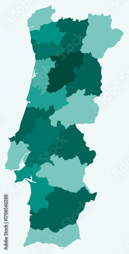 Map of Portugal with regions. Just a simple country border map with region division. Teal color palette. Blank Portugal shape with administrative division. Vector illustration.