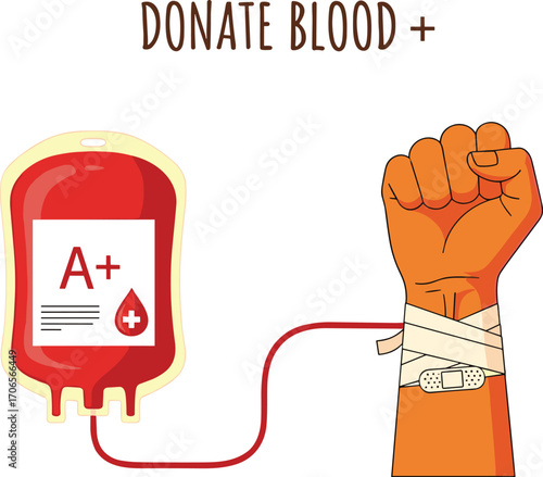 Blood donation illustration, cartoon blood bag with A+ label and clenched fist, medical awareness art, cad drawing flat vector illustration