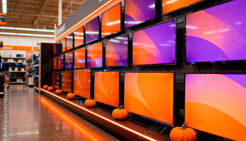 Electronics Store Display with Televisions and Halloween Pumpkins Decoration
