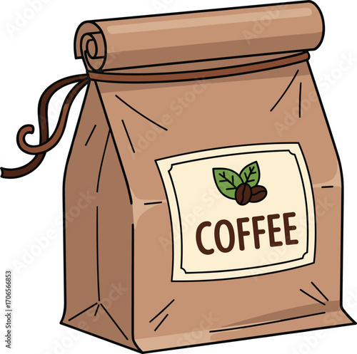 Cartoon coffee bag illustration, brown paper packaging with beans and leaves, gourmet product design, cad drawing flat vector illustration