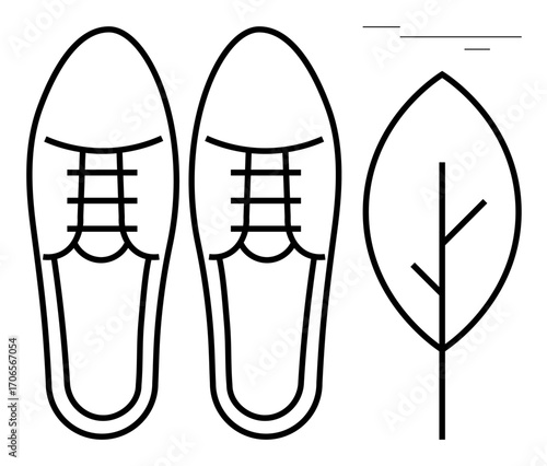 Two minimalist shoes beside a stylized leaf outline portray eco-conscious living, sustainability, and ethical fashion. Ideal for ecology, environment, lifestyle, nature, green living, organic simple