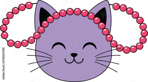 Cartoon purple cat face illustration, smiling feline with pink bead loops and closed eyes, cad drawing flat vector illustration