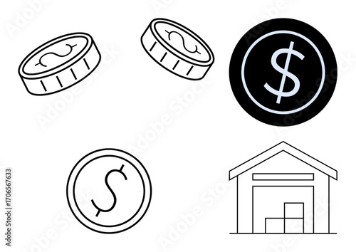 Coins with dollar sign and a warehouse with boxes communicate financial transactions, trade, storage, and business logistics. Ideal for commerce, economy, investment, savings, trade supply chain