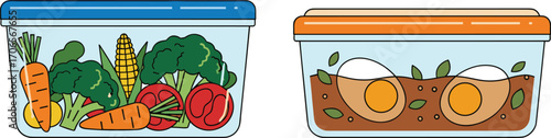 Food storage containers, fresh vegetables and cooked meal, healthy eating concept, kitchen prep illustration, cad drawing flat vector illustration