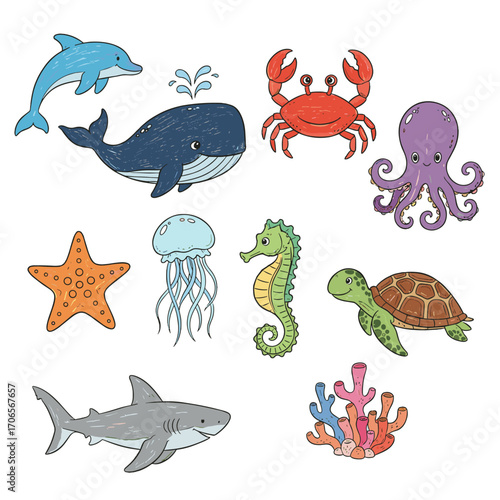 Set of  ocean animal icons in hand drawn doodle style. Vector illustration with dolphin, whale, crab, octopus, starfish, jellyfish, seahorse, turtle, shark, coral