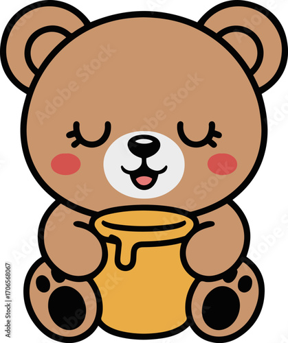 Vector art of cute bear cartoon holding honey pot adorable teddy bear with closed eyes and rosy cheeks, perfect for childrens books, greeting cards, and sweetthemed designs vector illustration