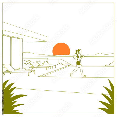 Woman jogging by poolside at sunset with mountains in background - Morning jog at dawn by the pool in front of the luxury villa