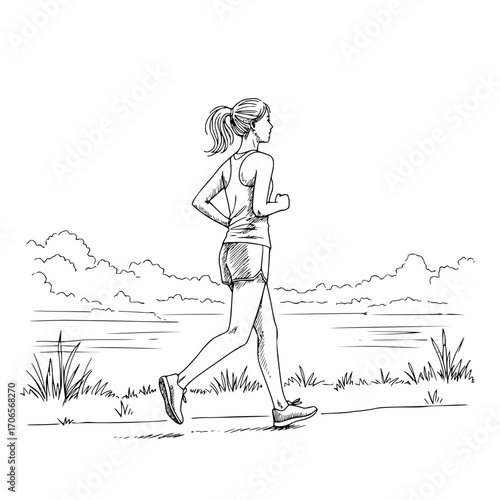 Morning jog at dawn: Young woman jogging by the lake in the morning light  